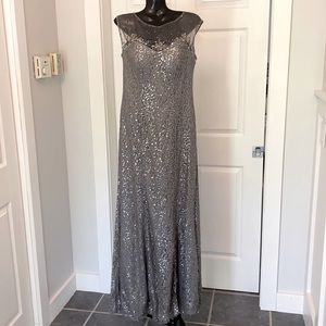 Grey, full-length beaded evening gown